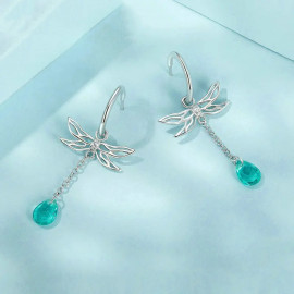 Vue complète des Boucles d'oreilles pampilles Libéllule en Argent Sterling 925 Gouttes Vert Bleu Clair
