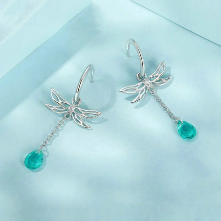 Vue complète des Boucles d'oreilles pampilles Libéllule en Argent Sterling 925 Gouttes Vert Bleu Clair