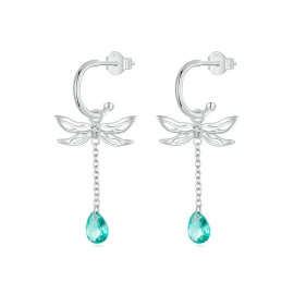 Vue détaillées des Boucles d'oreilles pampilles Libéllule en Argent Sterling 925 Gouttes Vert Bleu Clair