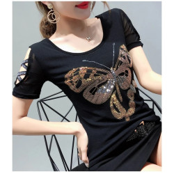 T-shirt Grand Papillon Strass et inscription LOVE manches courtes - couleur noir