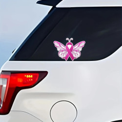 Magnifique Sticker Papillon Ruban Rose Cancer du Sein - en PVC - 13.75cm x 10cm