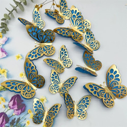 Autocollants Papillons 3D avec ailes creuses à double couche dorée - Lot de 12 pièces - couleur bleu
