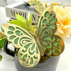 Détails Autocollants Papillons 3D avec ailes creuses à double couche dorée - Lot de 12 pièces - couleur vert