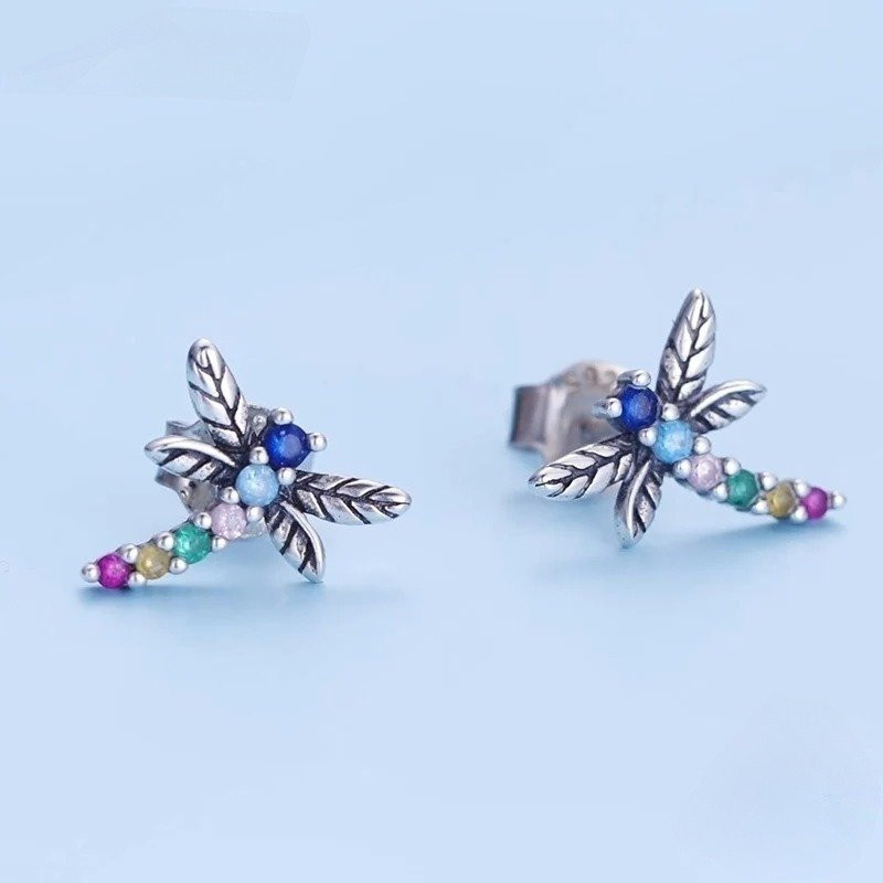 Magnifiques Boucles d'oreilles Libéllule Strass Colorés en Argent Sterling 925