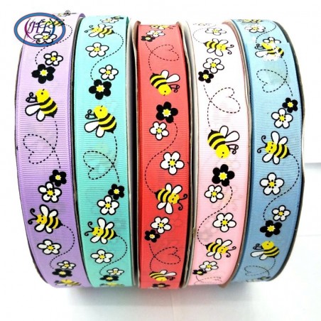 Ruban gros-grain avec imprimé abeille - 25mm - 5 mètres - lot de 5