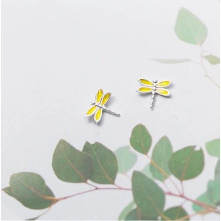 Détails complets de Boucles d'oreilles Libéllule émail Jaune et Argent Sterling 925