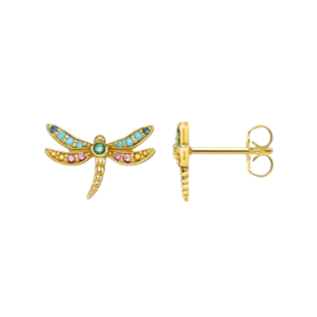 Belles Boucles d'oreilles Libéllule en Argent Sterling 925 Strass Vert et Rose