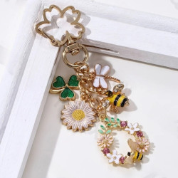 Porte-clés Abeille Fleurs et Trèfle Porte-Bonheur