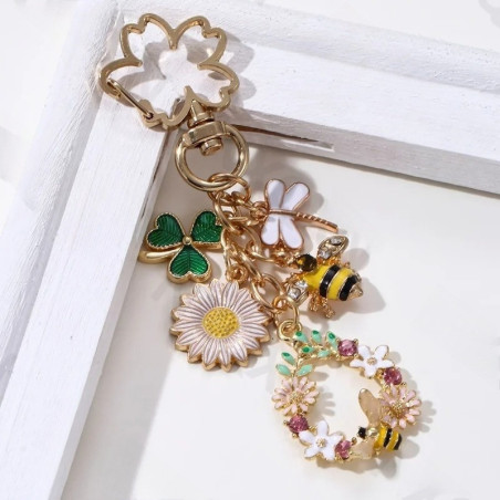 Porte-clés Abeille Fleurs et Trèfle Porte-Bonheur