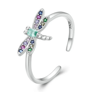 Vue de côté Bague Libéllule en argent 925 avec ailes de libellule colorées - Ajustable !