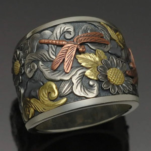 Grande Bague Libéllule Vintage Fleurs et Libellules
