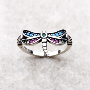 Bague Libéllule en Argent Sterling 925 libellule avec pierres de couleur couleur Argent