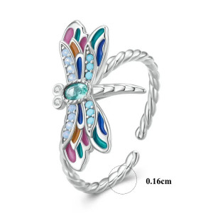 Dimension Bague Ouverte Libéllule en Argent Sterling 925 - Libellule Pierre Strass Arc-en-Ciel