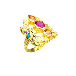 Vue de côté  Bague Libéllule en Argent Sterling 925 Couleur Or Jaune et Strass Colorés