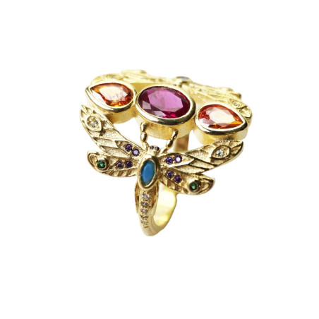 Bague Libéllule en Argent Sterling 925 Couleur Or Jaune et Strass Colorés