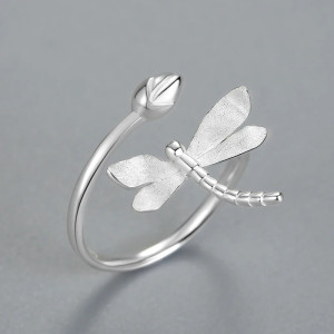 Bague Libélulle en Argent Sterling 925 et Or 18k - Libellule et bourgeon de Lotus couleur Argent