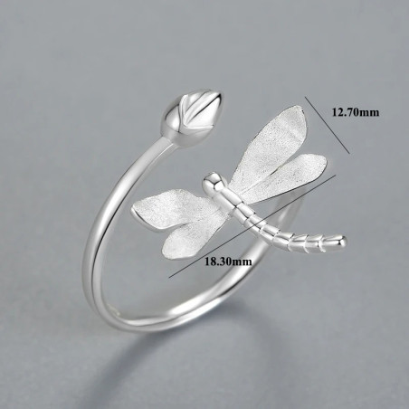 Dimension de la Bague Libélulle en Argent Sterling 925 et Or 18k - Libellule et bourgeon de Lotus couleur Argent