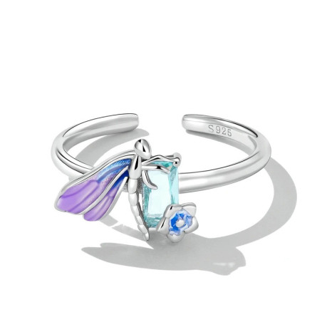 Vue de face Bague Libéllule ouverte en Argent Sterling 925 avec cristaux Arc-en-Ciel