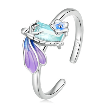 Vue détaillée Bague Libéllule ouverte en Argent Sterling 925 avec cristaux Arc-en-Ciel