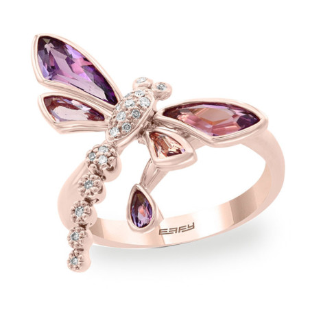 Vue générale de la Bague Libéllule en or Rose Ailes Pierres Violettes en Zircon et Strass