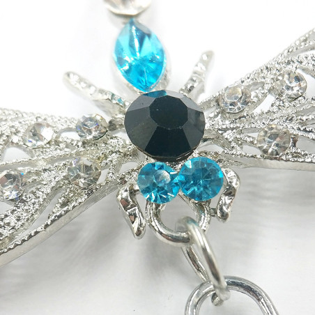 Vue détaillée du Porte-clés Libéllule Bleu et Argent en cristal et strass