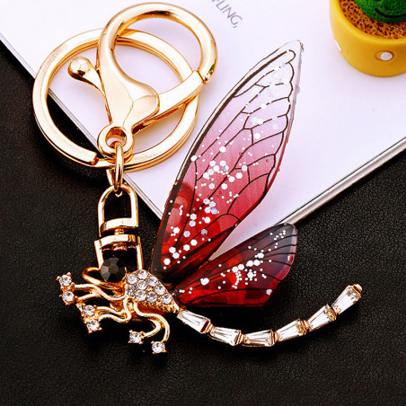 Porte-clés Libéllule avec Ailes de Cristal couleur rouge