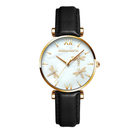 Montre Libéllule avec Strass avec bracelet en Cuir pour femme Couleur Noir