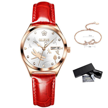 Montre Libéllule mécanique pour femme avec bracelet en cuir Couleur Rouge et bracelet