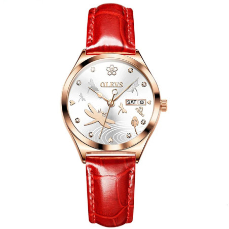 Montre Libéllule mécanique pour femme avec bracelet en cuir Couleur Rouge