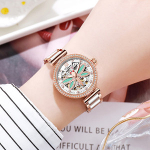 Vue Portée Montre Libéllule Verte Montre-bracelet mécanique étanche Strass pour Femme Couleur Multi