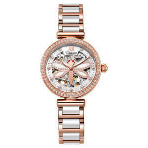 Montre Libéllule Rose Montre-bracelet mécanique étanche Strass pour Femme Couleur multicolore