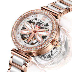 Montre Libéllule Blanche Montre-bracelet mécanique étanche Strass pour Femme