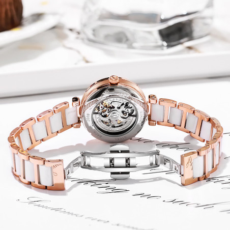 Dos Montre Libéllule Blanche Montre-bracelet mécanique étanche Strass pour Femme
