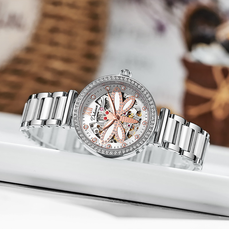 Montre Libéllule Blanche Montre-bracelet mécanique étanche Strass pour Femme Couleur argent