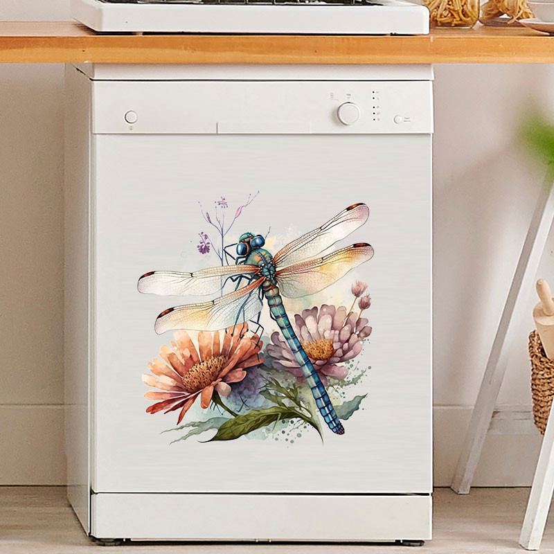 Vue générale Autocollant Mural PVC Libellule et Deux Fleurs - 5 tailles disponibles