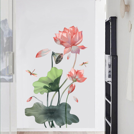 Détails Grand Autocollant Mural Libellule et Fleurs de Lotus