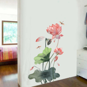 Vue générale Grand Autocollant Mural Libellule et Fleurs de Lotus