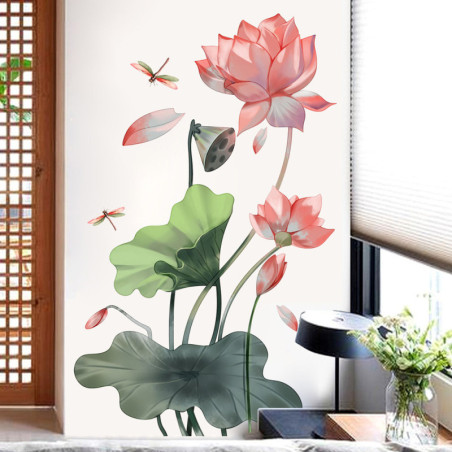 Vue détaillée Grand Autocollant Mural Libellule et Fleurs de Lotus